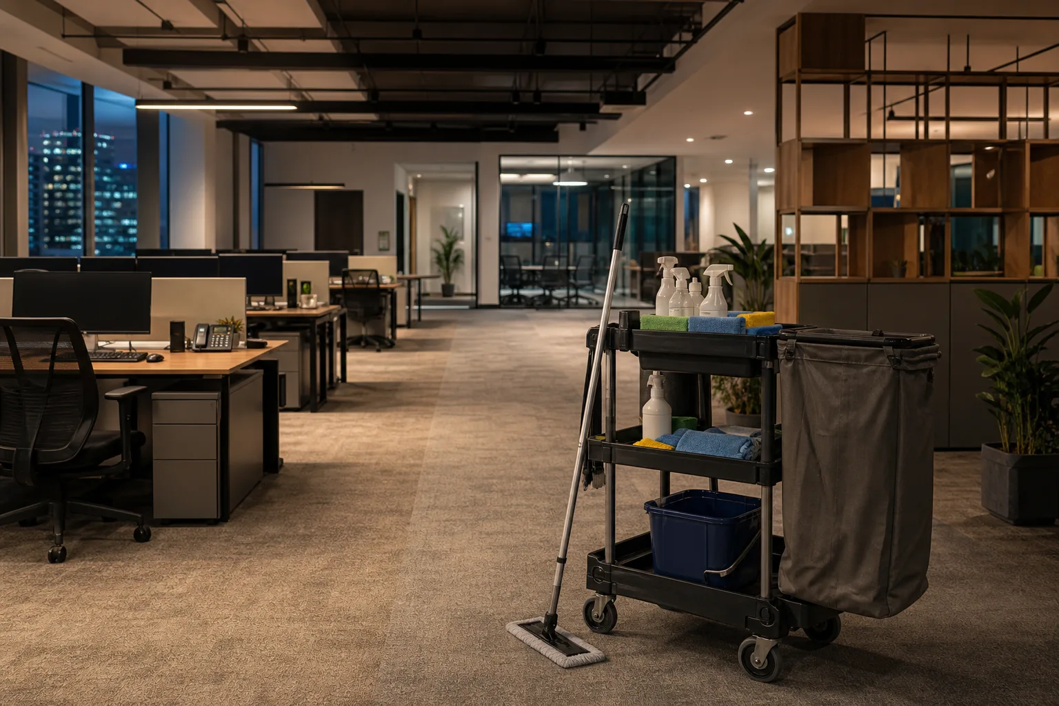 After-hours office cleaning trolley in an empty workplace