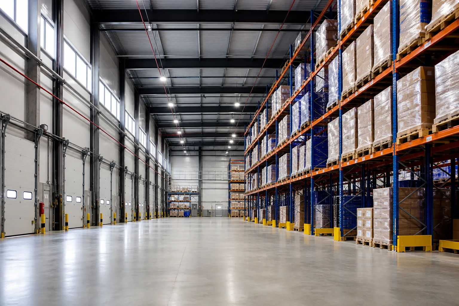 Clean commercial warehouse aisle with polished concrete floors